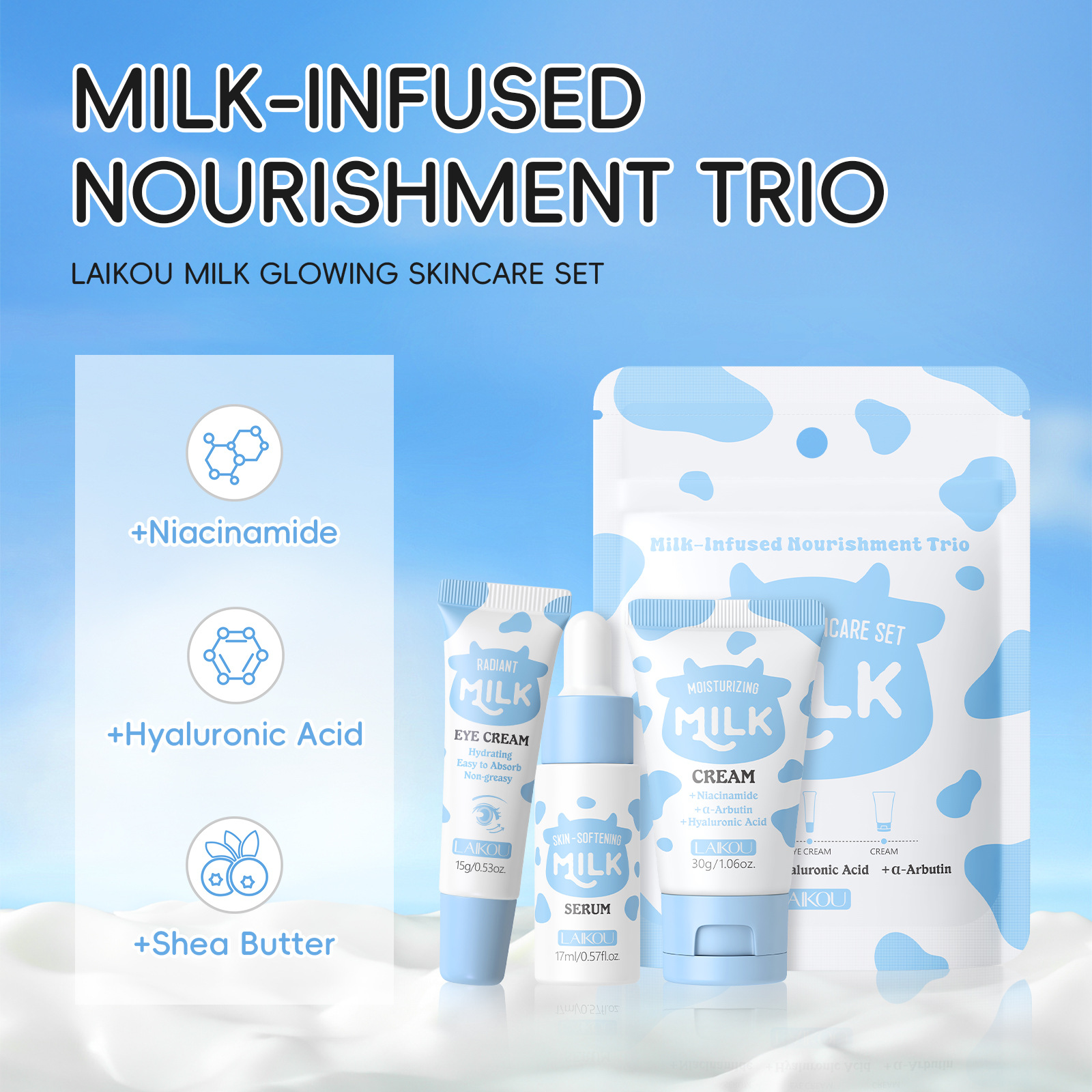 LAIKOU Milk 3Pcs Travel Skinca - đánh giá và giá Travel Accessories Set